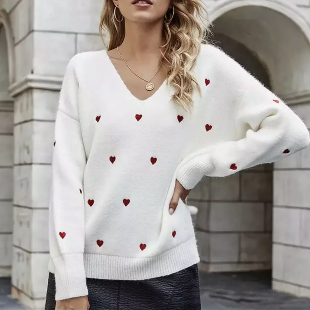 Heart sweater embroidery top womens white long sleeve vneck winter - Picture 6 of 6